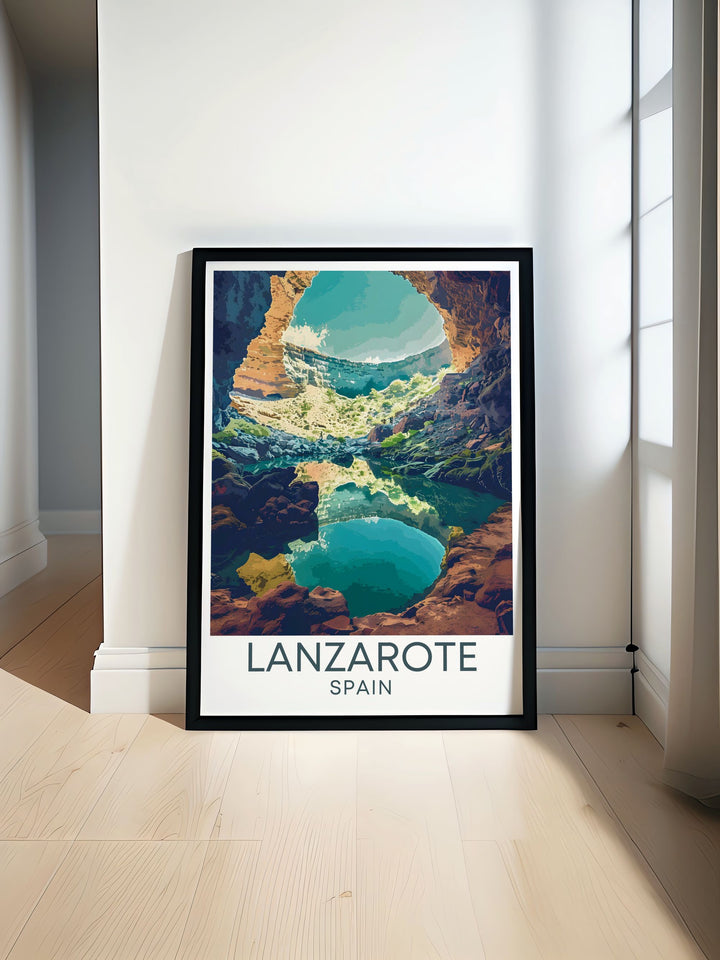 This travel poster of Jameos del Agua in Lanzarote captures the unique beauty of its underground volcanic caverns, reflecting the stunning integration of art and nature by Cesar Manrique, perfect for adding a touch of Lanzarotes charm to your home decor.