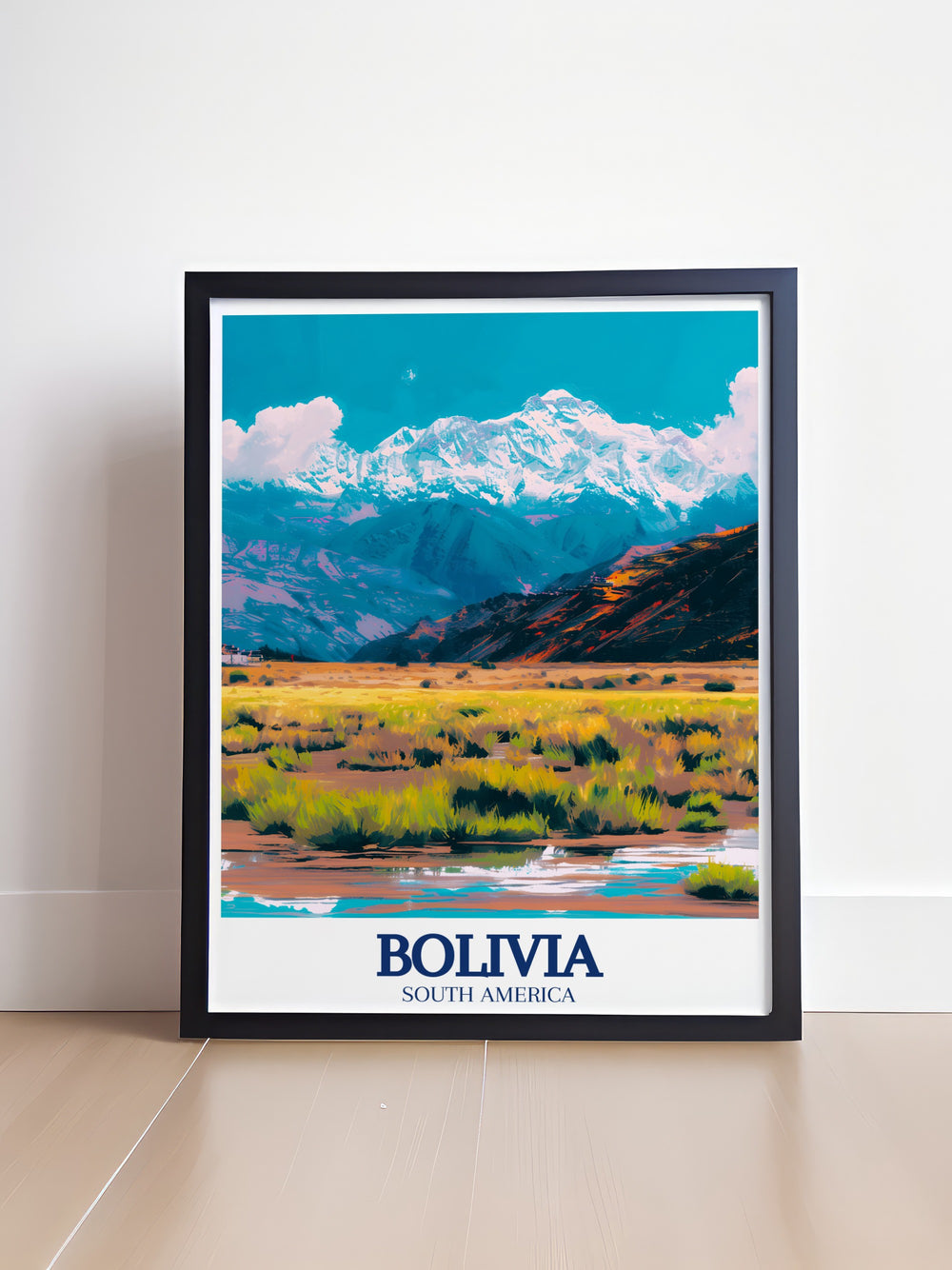 Explore the breathtaking beauty of Bolivia with a photo featuring the Altiplano plateau and Cordillera Real mountain range ideal for travel enthusiasts and home decorators seeking unique wall art