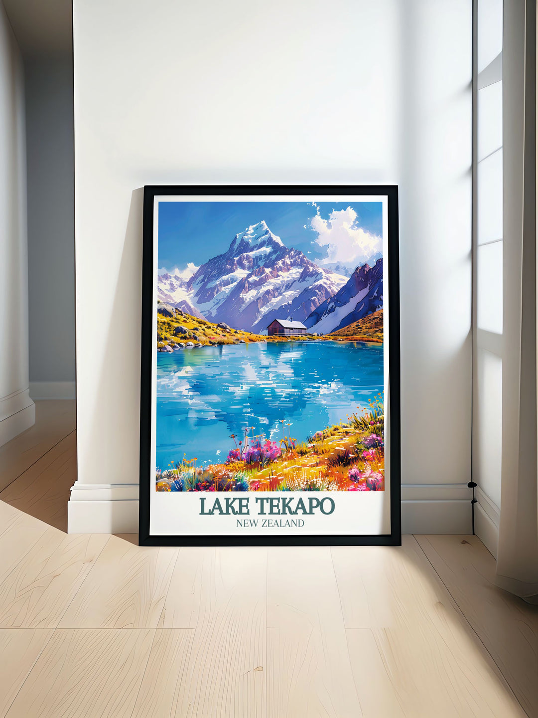 Highlighting the majestic Southern Alps, this travel poster captures the snow capped peaks and lush valleys of this iconic mountain range. Perfect for those who love outdoor adventures and scenic landscapes.