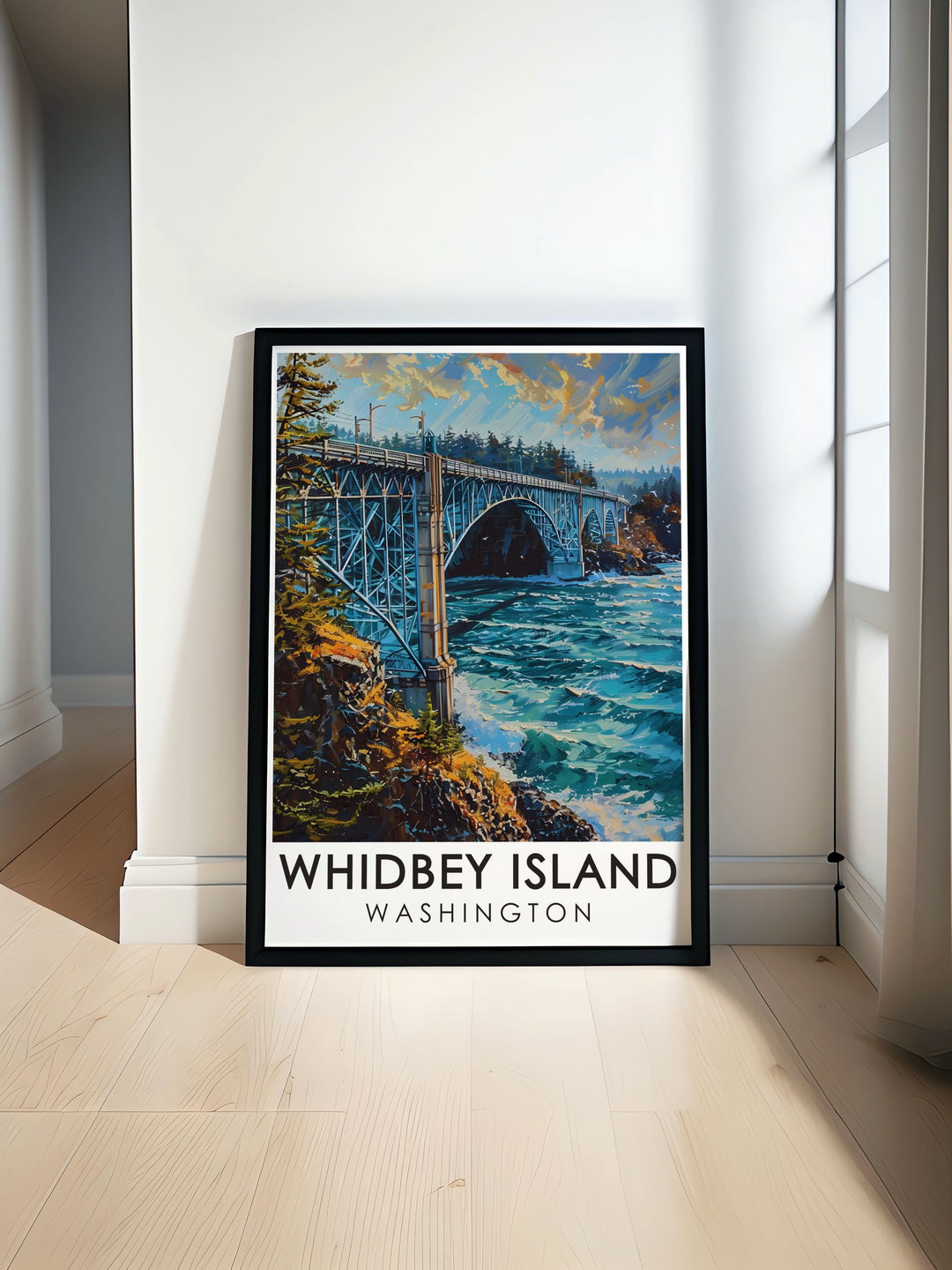 Washington poster featuring the breathtaking Deception Pass Bridge and serene Whidbey Island perfect for any home decor adding a touch of natural beauty and artistic elegance to your living space with a vintage poster style and vibrant color palette