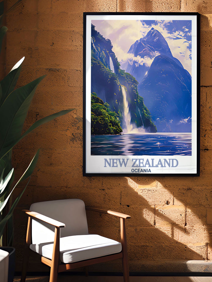 Milford Sound modern print paired with the peaceful charm of Akaroa Lighthouse designed to bring a sense of adventure and natural beauty into your home decor perfect for adding to your collection of bucket list prints.