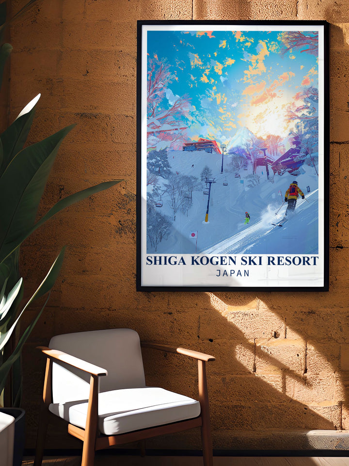 This poster of Shiga Kogen Ski Resort and the Japanese Alps captures the dynamic beauty of Japans premier ski destination, showcasing its pristine slopes and inviting atmosphere, ideal for any art collection celebrating alpine landscapes.