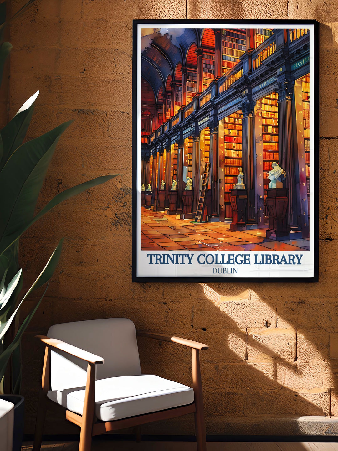 Beautiful Dublin travel print of Trinity College highlighting the historic Long Room and Book of Kells a perfect piece of modern art for your home decor