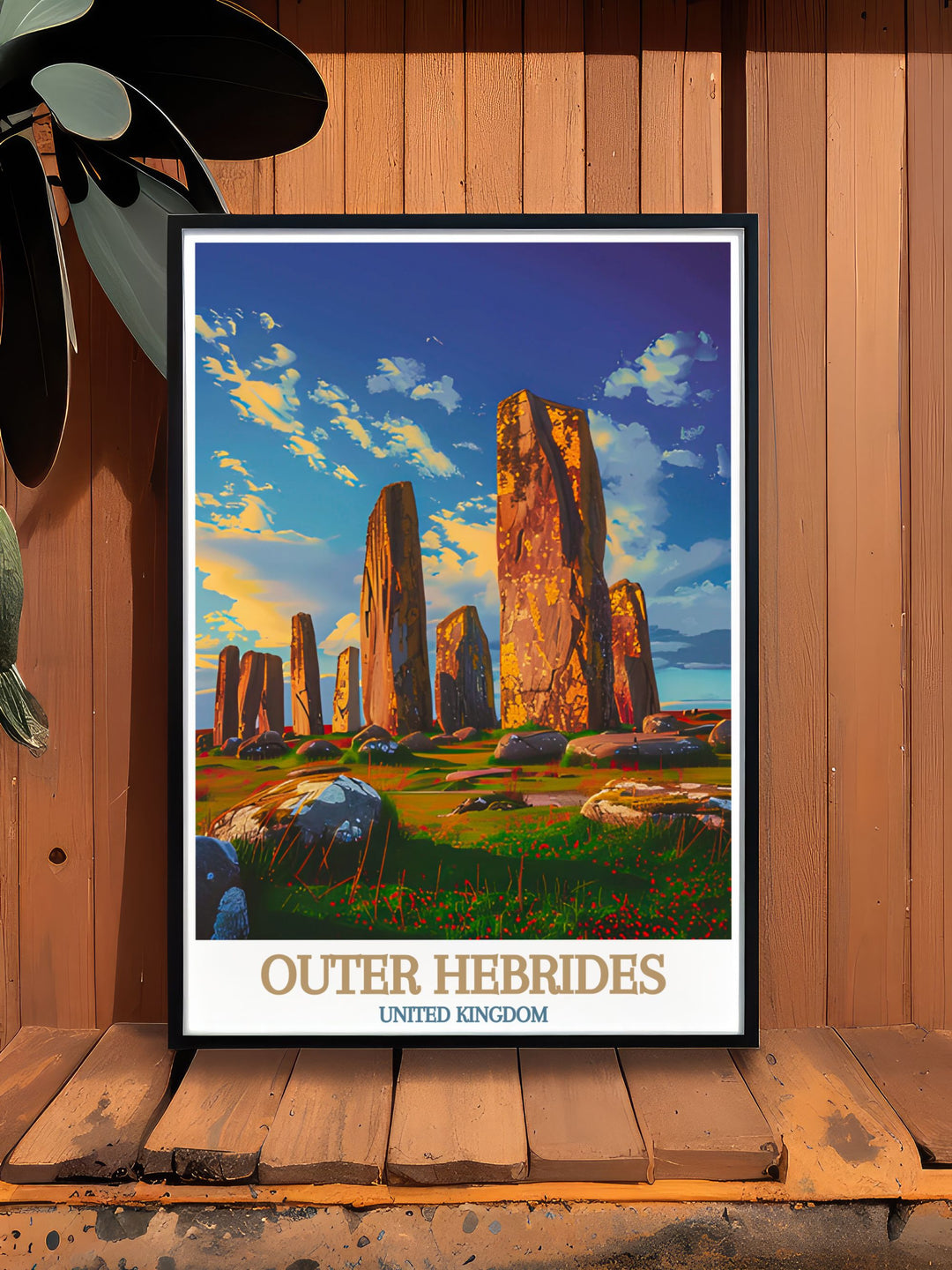 Vintage travel print of the Outer Hebrides featuring Callanish Standing Stones ideal for those who appreciate Scottish hiking art and timeless island landscapes