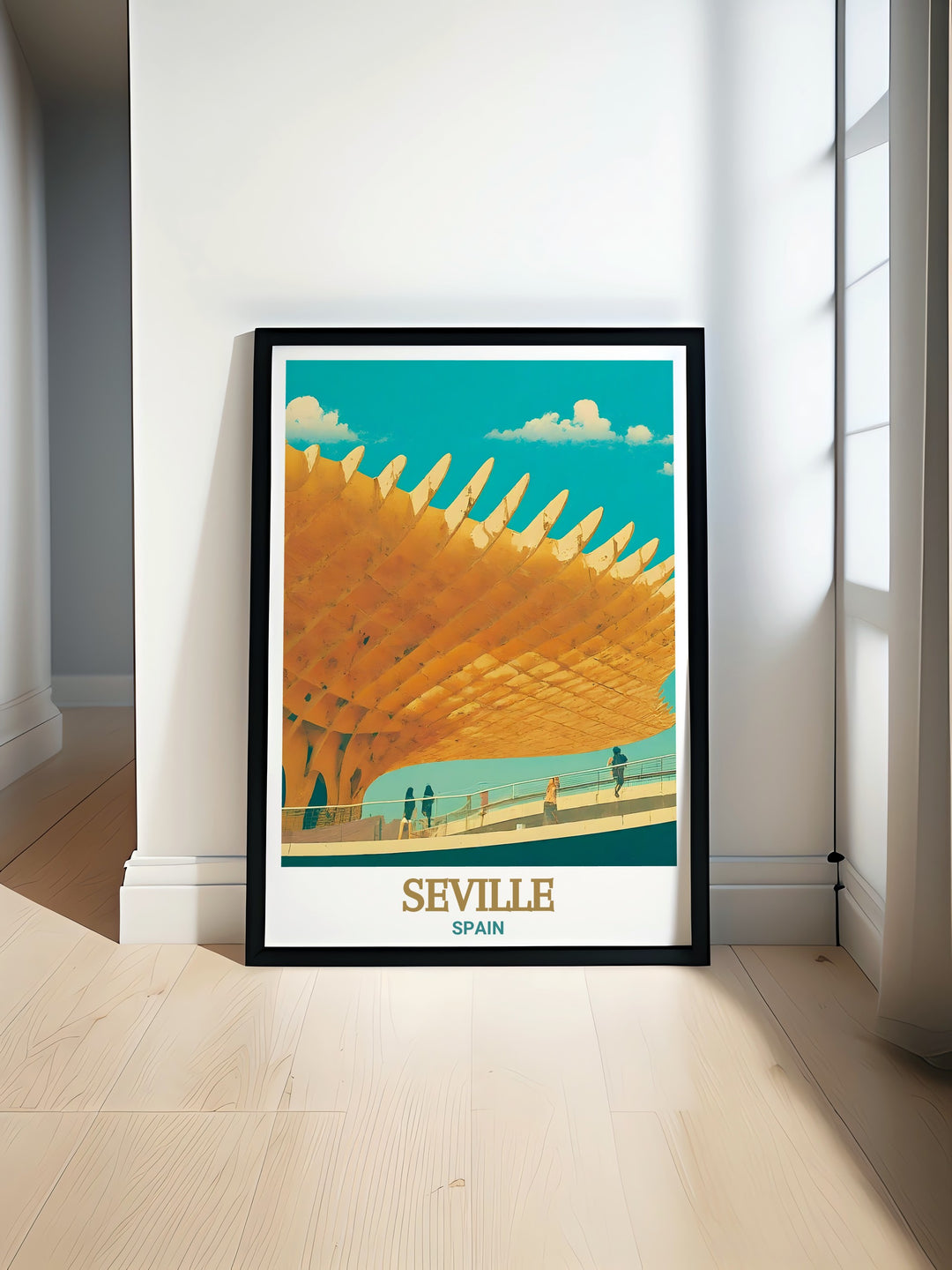 Sevilles Metropol Parasol, known for its bold and innovative design, takes center stage in this elegant wall art print. This piece offers a glimpse of the structures intricate details and the citys traditional charm, making it ideal for Spain lovers and travelers.