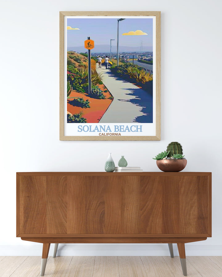 Celebrate the beauty of Solana Beach and the Coastal Rail Trail with this California beach art print. The detailed illustration highlights the iconic coastline and serene trail, making it the perfect addition to any coastal inspired decor.