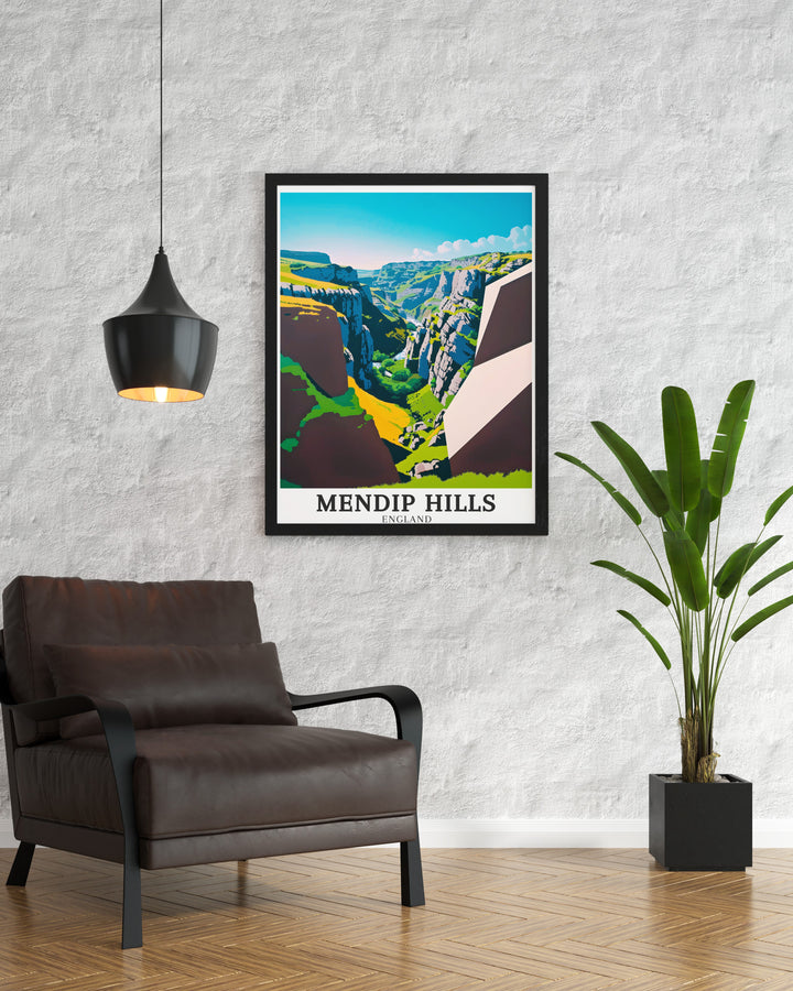 Featuring the Mendip Hills and the dramatic Cheddar Gorge, this wall poster is perfect for lovers of natural beauty. The artwork captures the serene and rugged landscapes of this AONB, offering a striking visual tribute.