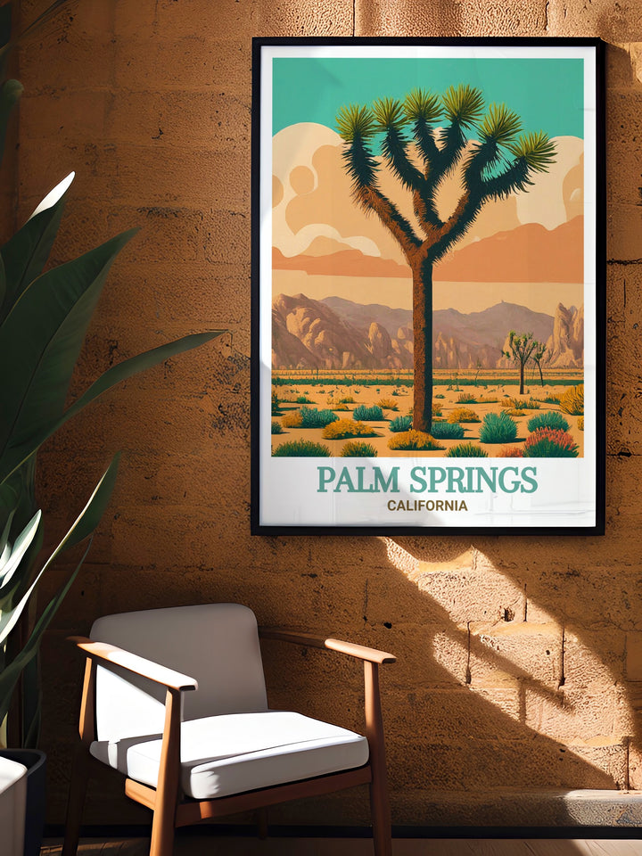 Yellow Hotel art print showcasing the iconic hotel and breathtaking views of Joshua Tree National Park. This fine line print highlights the unique charm and colorful ambiance of Palm Springs, bringing a touch of mid century modern design into your home decor.