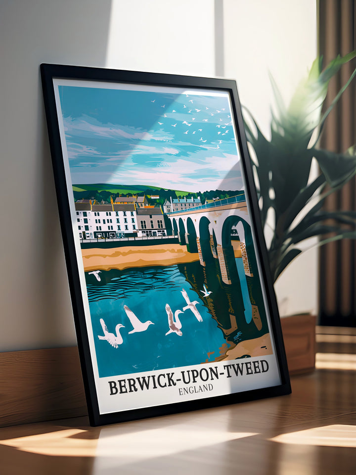 A Berwick upon Tweed wall art piece showcasing the towns historical landmarks, including the iconic Berwick Bridge and the serene Berwick Harbour. Ideal for art collectors or travelers who want to bring a piece of Northumberland into their home.