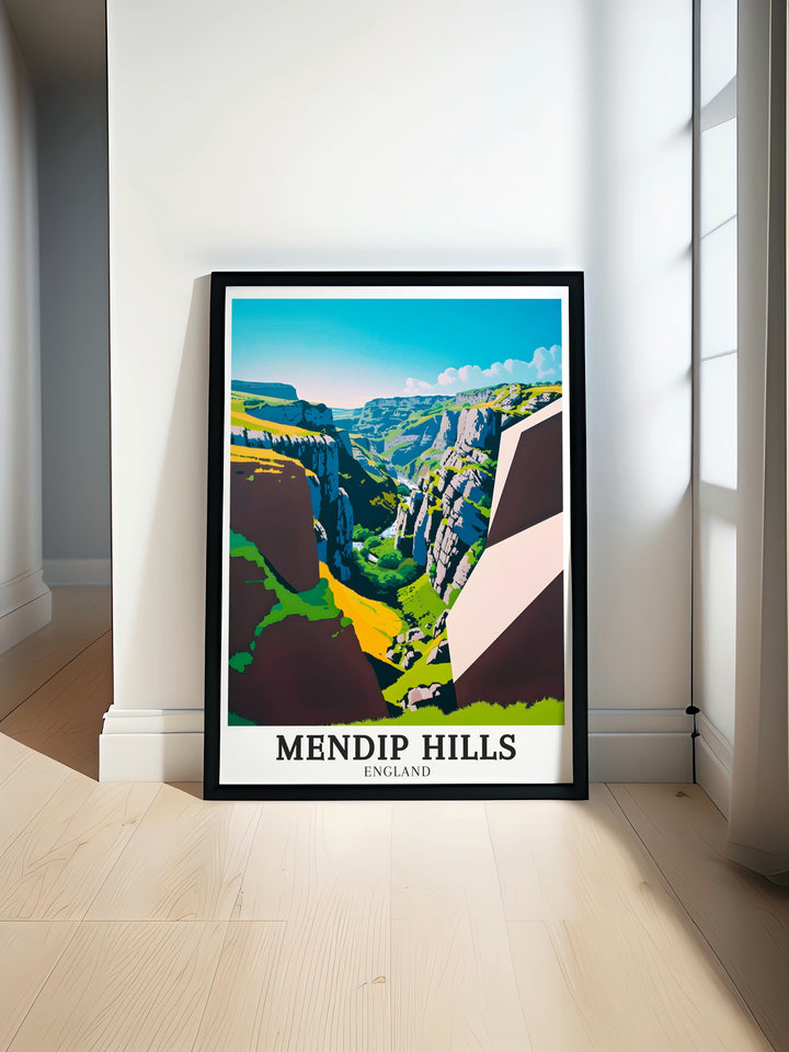 Celebrate the beauty of Somersets natural landmarks with this travel poster of the Mendip Hills and Cheddar Gorge. The artwork highlights the rugged cliffs and rolling hills of this beloved AONB, making it an ideal addition to your space.