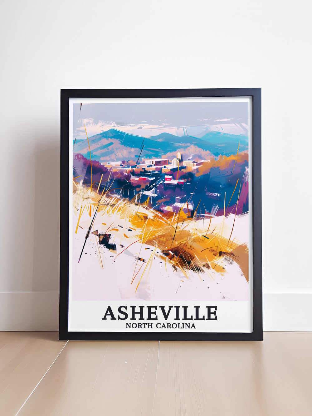 Blue Ridge Mountains Asheville Town art print showcasing the iconic citys street map with vibrant colors and intricate design perfect for adding a touch of elegance to your living space or as a memorable gift for anniversaries birthdays or holidays.