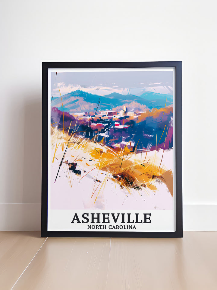 Blue Ridge Mountains Asheville Town art print showcasing the iconic citys street map with vibrant colors and intricate design perfect for adding a touch of elegance to your living space or as a memorable gift for anniversaries birthdays or holidays.