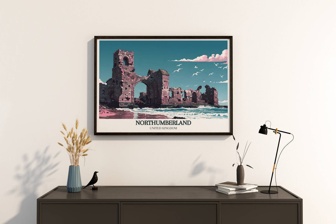 National Park Poster of Bamburgh Castle and Holy Island of Lindisfarne capturing the rich history and breathtaking scenery of Northumberland ideal for enhancing your living room bedroom or office decor