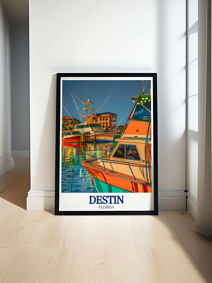 Destin Poster Print captures the lively scenes of HarborWalk Marina and the iconic Destin fishing fleet, showcasing the vibrant coastal life of Florida. Perfect for beach lovers and those who appreciate nautical art, this travel print brings the beauty of the Emerald Coast into your home.