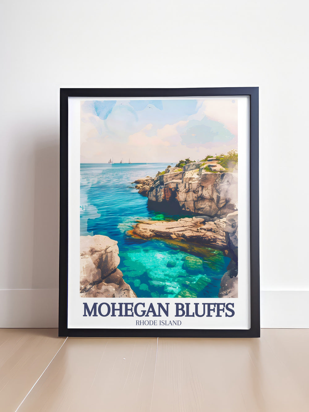 This vintage inspired travel print showcases the natural beauty of Mohegan Bluffs and Mohegan Bluffs Beach on Block Island, Rhode Island. With its minimalist design and soothing tones, this poster is perfect for adding a touch of coastal charm to any living space.