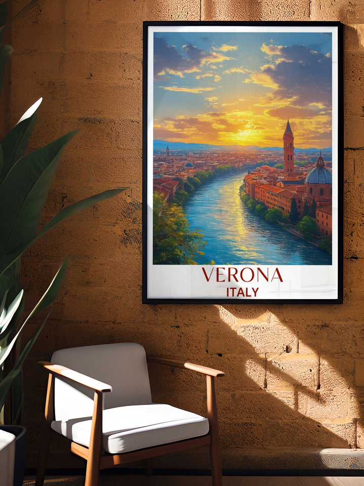This travel poster of Verona highlights its scenic landmarks and historic charm. Featuring detailed illustrations of Castel San Pietro and the citys picturesque views, it offers a dynamic and captivating addition to your home decor.