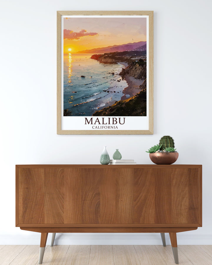 California poster featuring Malibu and Zuma beach offers a stylish addition to any room perfect for personalized gifts or anniversary presents this Malibu skyline and Zuma wall art brings the essence of coastal living into your home