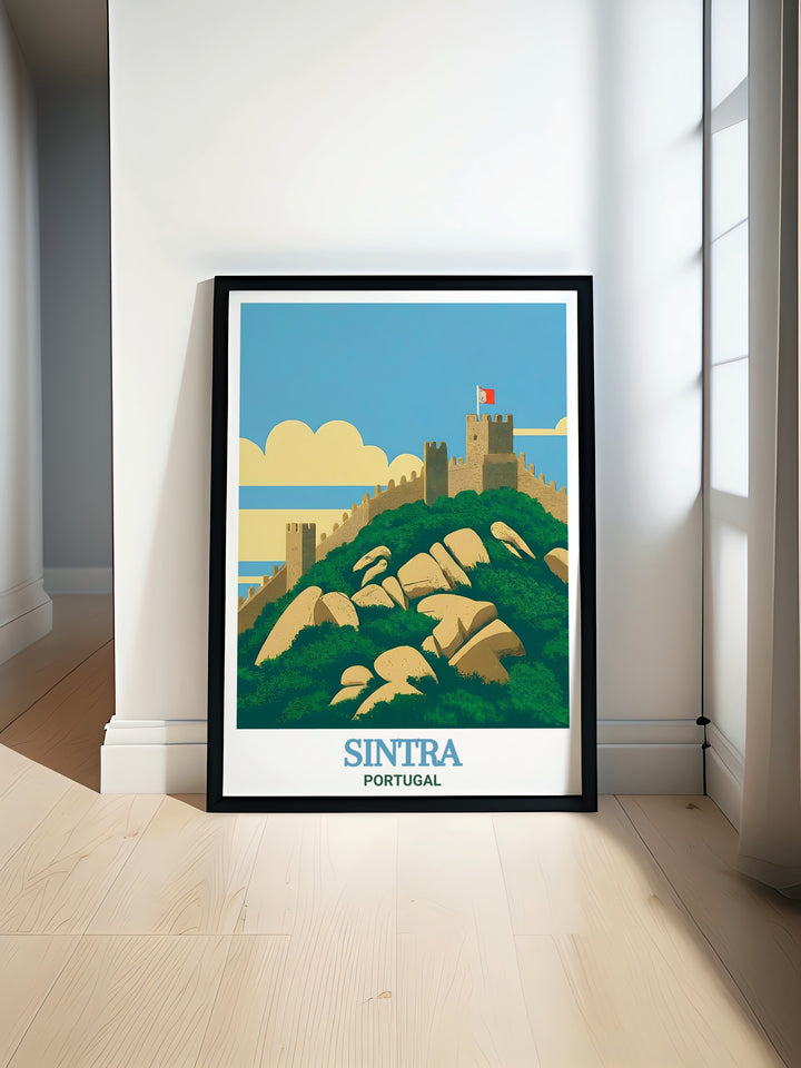 Capture the magic of Portugal with this vibrant Moorish Castle travel poster. The artwork beautifully illustrates Sintras famous castle, offering a stunning depiction of Portugals architectural and natural wonders. Ideal for adding a cultural touch to your home.