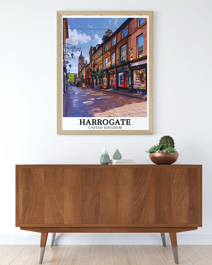 Beautiful Yorkshire Poster featuring Parliament Street and Montpellier Quarter in Harrogate. A perfect gift for lovers of Yorkshire Travel. This print adds elegance and character to any room with its vibrant and detailed artwork.