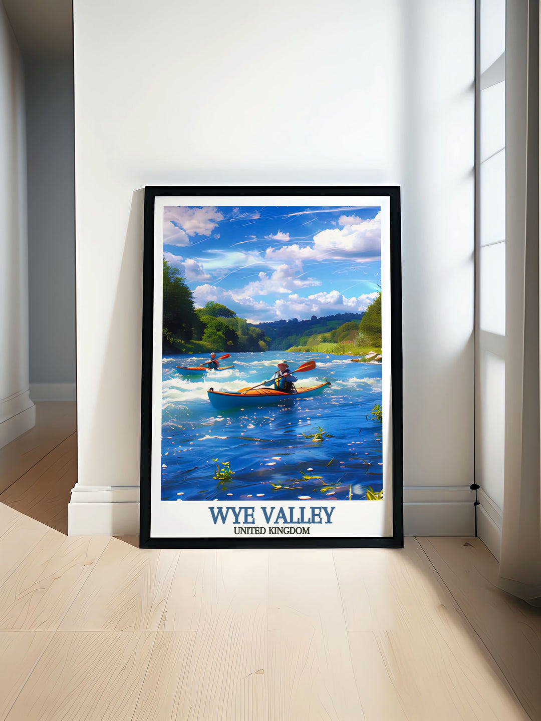 Canoeing and Kayaking on the River Wye print showcasing serene river scenes and lush greenery. Perfect vintage travel print for nature wall art and elegant home decor.