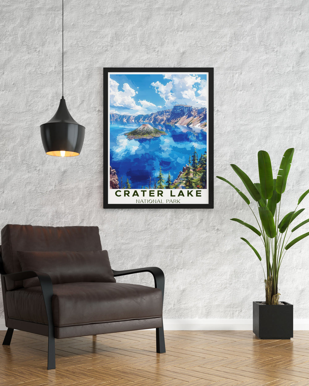 Exquisite Crater Lake travel poster featuring the iconic caldera ideal for nature enthusiasts. This National Park poster is a perfect addition to home decor offering a vibrant and detailed representation of Crater Lakes breathtaking landscapes.