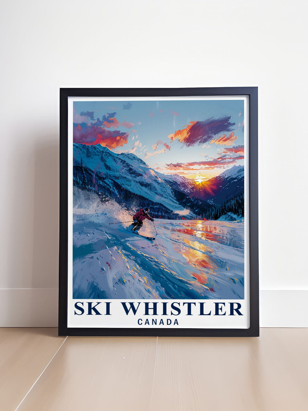 This vintage inspired poster of Whistler captures the dynamic atmosphere and scenic beauty of skiing in the Canadian Rockies, offering a glimpse into one of North Americas top winter destinations.