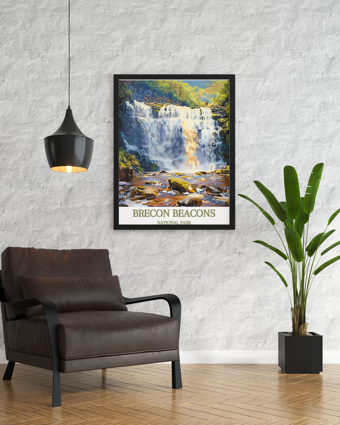 Captivating print of Sgwd yr Eira in the Brecon Beacons, offering a glimpse into the stunning natural landscapes of South Wales. This artwork highlights the tranquil beauty of the waterfall, surrounded by lush foliage, making it a striking addition to your decor.