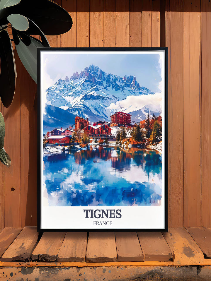 Celebrate your love for skiing with our Le Lac Village Stunning Prints featuring Lac de Tignes ideal for ski resort poster collections and unique wall art décor