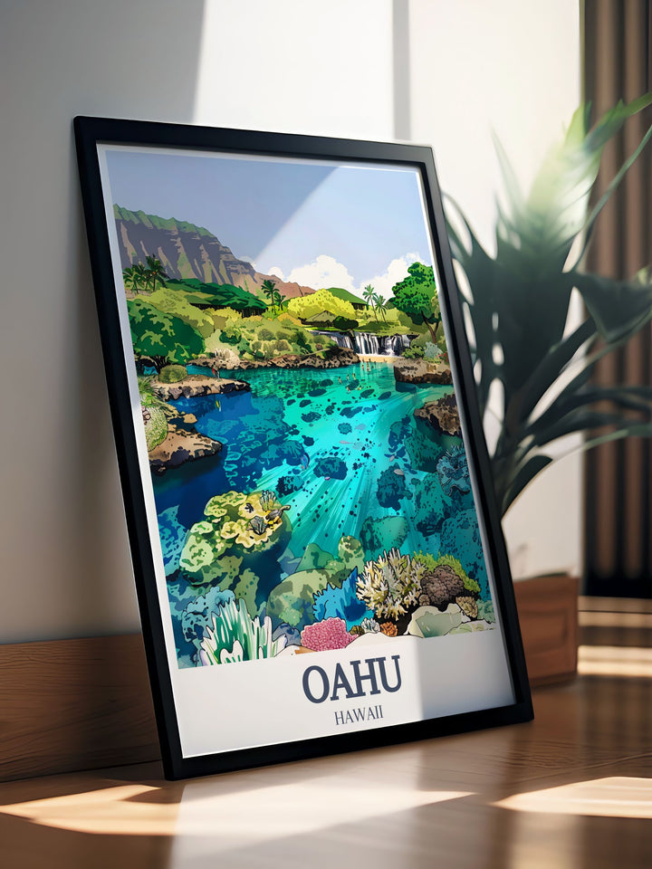 Experience the natural beauty of Oahu with this stunning poster print featuring Hanauma Bay and Manoa Falls. Perfect for home décor, this Hawaii travel art captures the islands serene landscapes and makes a great gift for travelers and nature lovers alike.