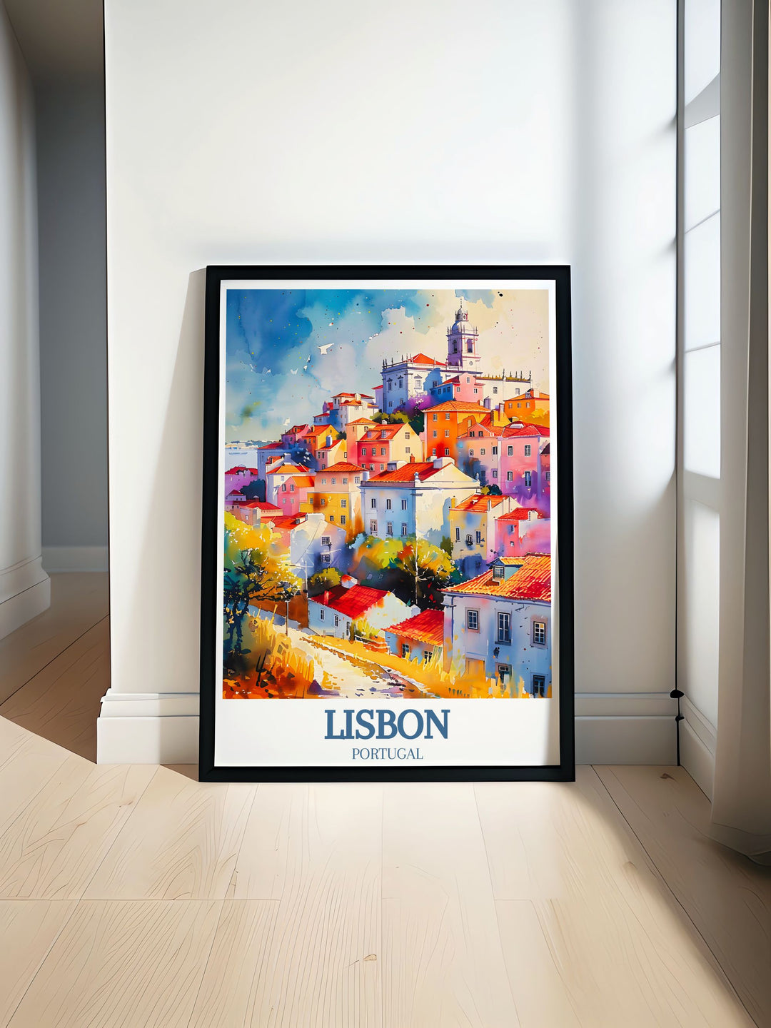 Discover the beauty of Portugal with our Alfama District Miradouro das Portas do Sol travel art perfect for adding a touch of elegance to any room with its vibrant colors and rich history captured in a stunning minimal poster