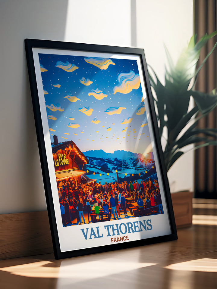 Vintage ski poster featuring Val Thorens ski resort and La Folie Douce elegant wall art that adds sophistication to any space from living rooms to ski lodges this skiing print brings the excitement of the slopes into your decor with vivid colors and bold design.