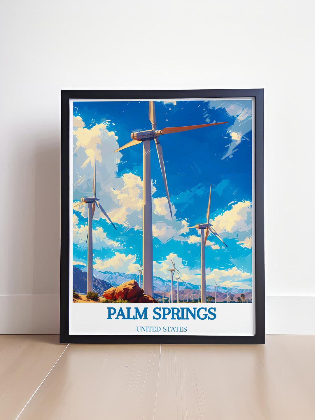 Charming Palm Springs Windmills Framed Print highlighting the striking windmills and desert scenery perfect for enhancing living spaces and thoughtful presents