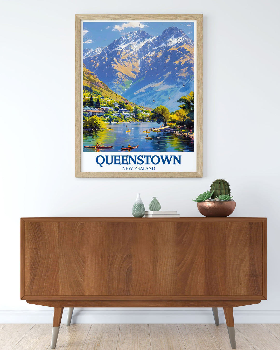 Fine line print of Queenstown showcasing The Remarkables Lake Wakatipu with a timeless black and white design ideal for matted art frames great for enhancing living room or office decor perfect for gifts and wall art lovers