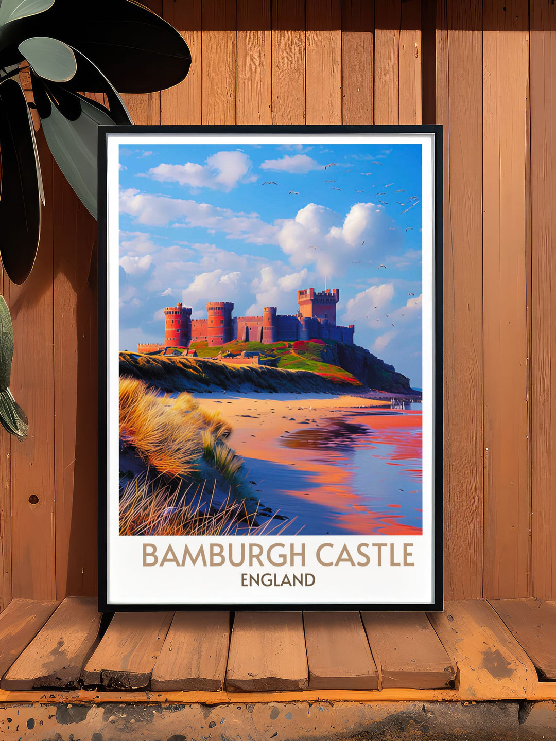 Bamburgh Castle in art print format featuring dramatic skies and the iconic silhouette of the castle, ideal for adding a historical touch to interiors.