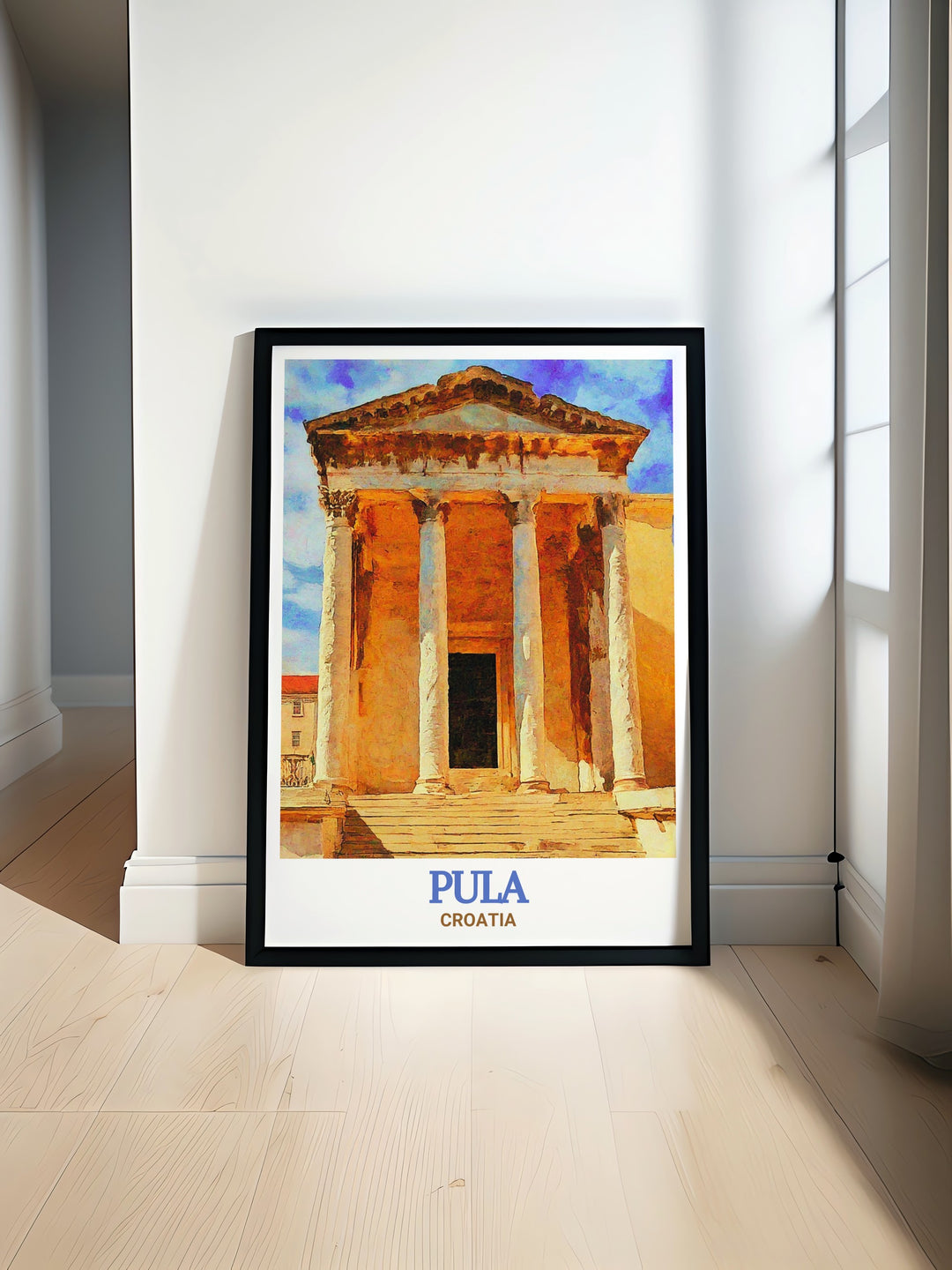 This travel print showcases the historic Temple of Augustus in Pula, one of the best preserved Roman temples outside of Italy. The depiction captures the grandeur and significance of this ancient structure, adding a touch of classical elegance to your decor.