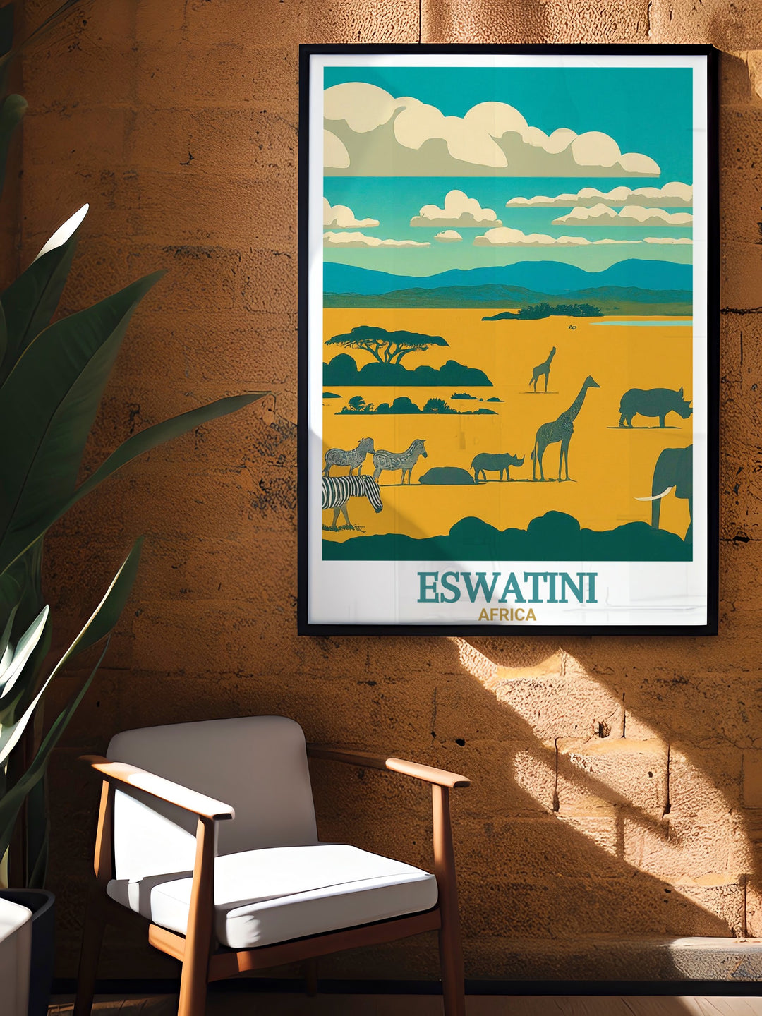 Hlane Royal National Park wall art highlights the raw beauty of Eswatinis largest park, with its wide open spaces and towering trees. This Africa travel print captures the essence of the parks diverse wildlife, making it an ideal piece for those who love nature and adventure.