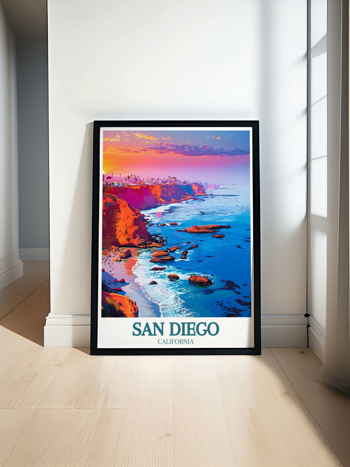 La Jolla Cove travel poster showcasing the stunning coastal scenery of San Diego. Perfect for California travel enthusiasts and those who love California art. Ideal for adding a touch of elegance to your home decor and capturing the beauty of La Jolla Cove in vibrant detail.