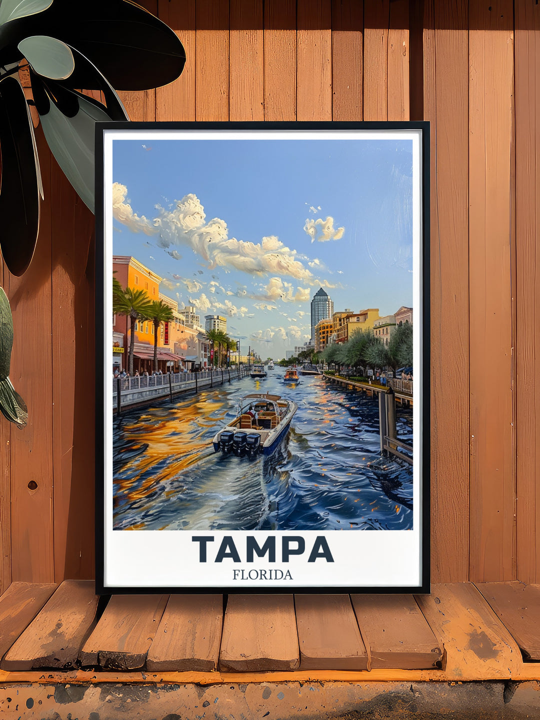 Tampa Travel Print showcases the Tampa Riverwalk and city skyline, blending modern design with a vintage feel. This wall art makes a perfect addition to your living space or a thoughtful gift for anyone who cherishes their time spent in Tampa.