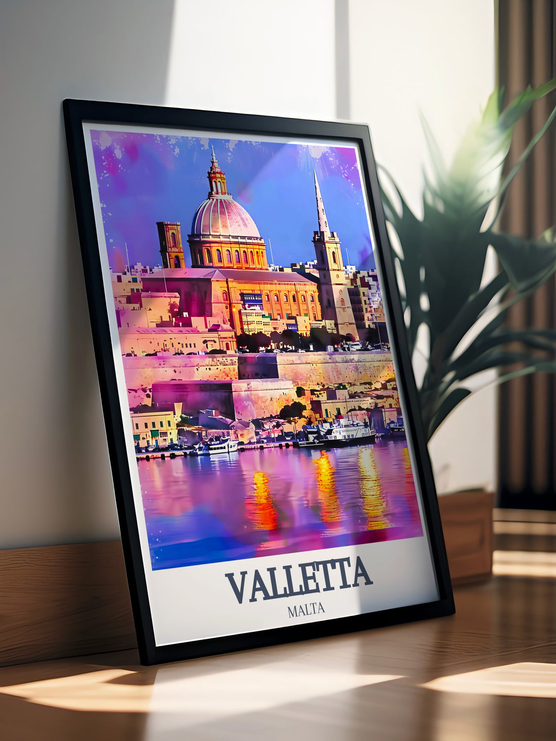 A detailed Malta city print that captures the essence of Vallettas rich architectural heritage, showcasing St. Johns Co Cathedral and the Basilica of Our Lady of Mount Carmel. Ideal for gifts or as a travel memory.