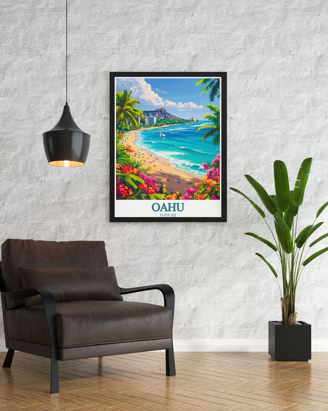 Bring a piece of Hawaii into your home with this Oahu travel poster featuring Waikiki Beach and Diamond Head Crater ideal for creating a tropical ambiance in any space.