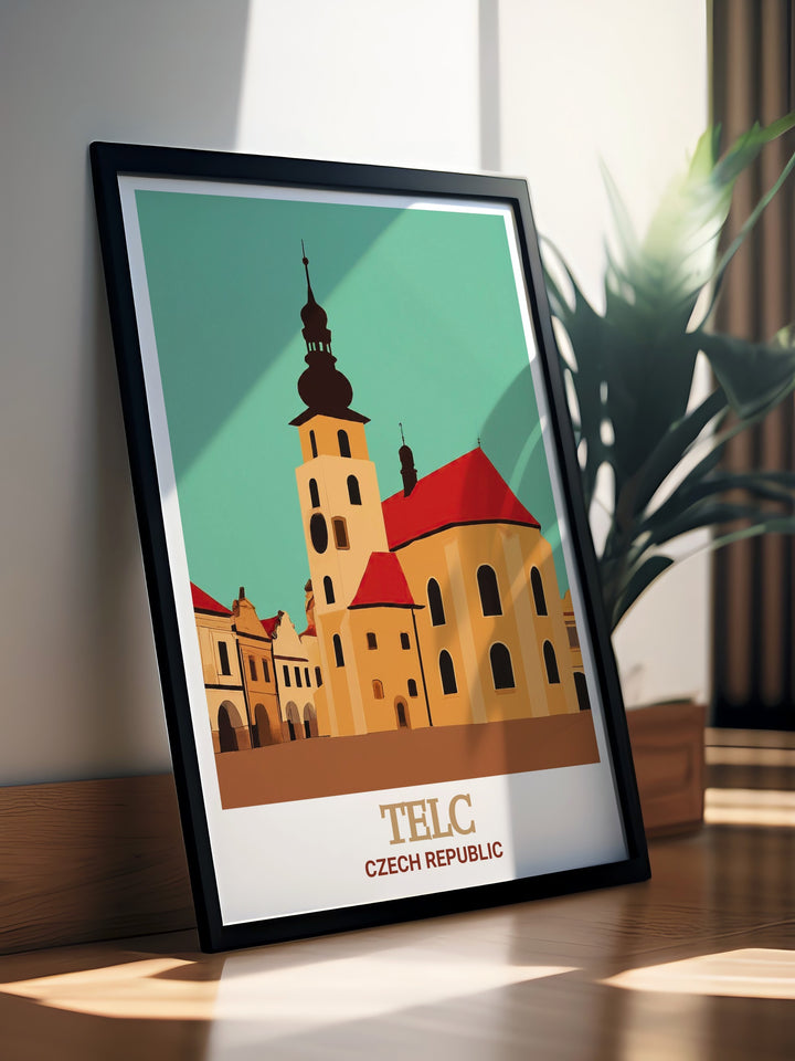 Celebrate the architectural splendor of Telc with this exquisite travel poster featuring St. James Church. The print captures the historic significance and detailed craftsmanship of this Czech Republic landmark, making it a stunning addition to your home decor. Perfect for art and history enthusiasts alike