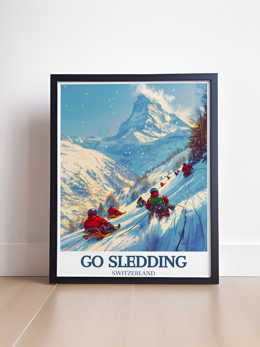 Fine art print showcasing a vibrant winter scene in Gornergrat, with sledders enjoying a thrilling ride amidst the stunning alpine backdrop.