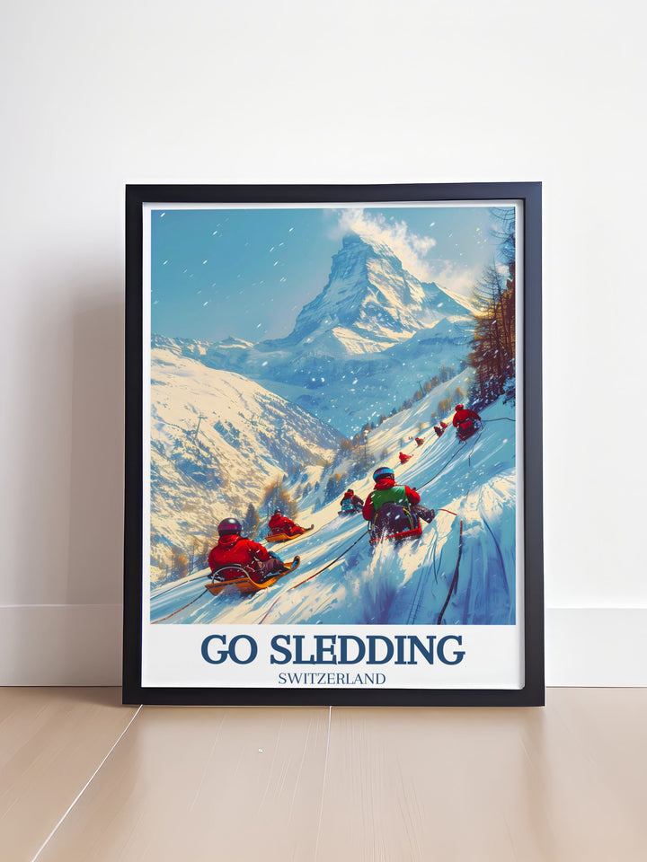 This Go Sledding Poster Print captures the fun of winter sports in Zermatt, with sledding down the iconic slopes of Gornergrat in the Swiss Alps. Ideal for anyone who loves snowy adventures, this vintage travel print is a perfect addition to your wall art collection.