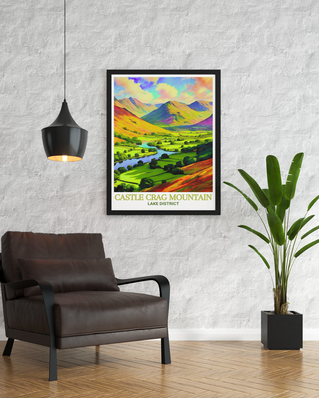 Castle Crag Mountain travel poster brings the majesty of the Lake District into your home, offering a vivid depiction of Keswicks beloved peak and the surrounding valleys.