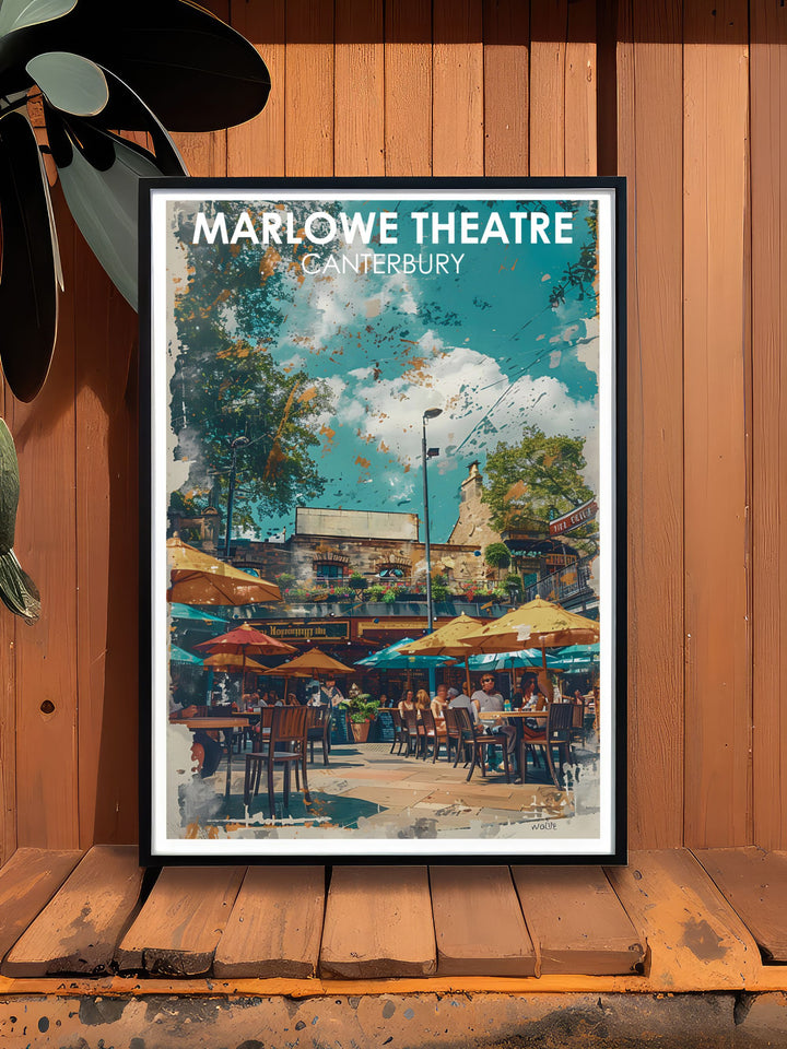 Highlighting the vibrant Marlowe Theatre Plaza, this poster features its lively atmosphere and cultural events, ideal for those who appreciate community and the arts.