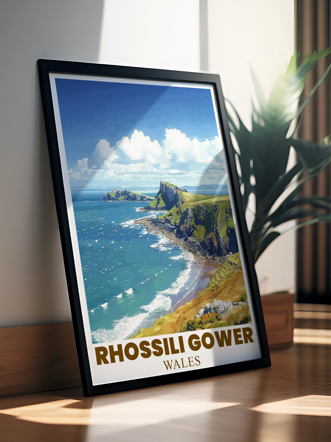 Worms Head framed print featuring rugged Welsh coastline perfect for modern living room decoration