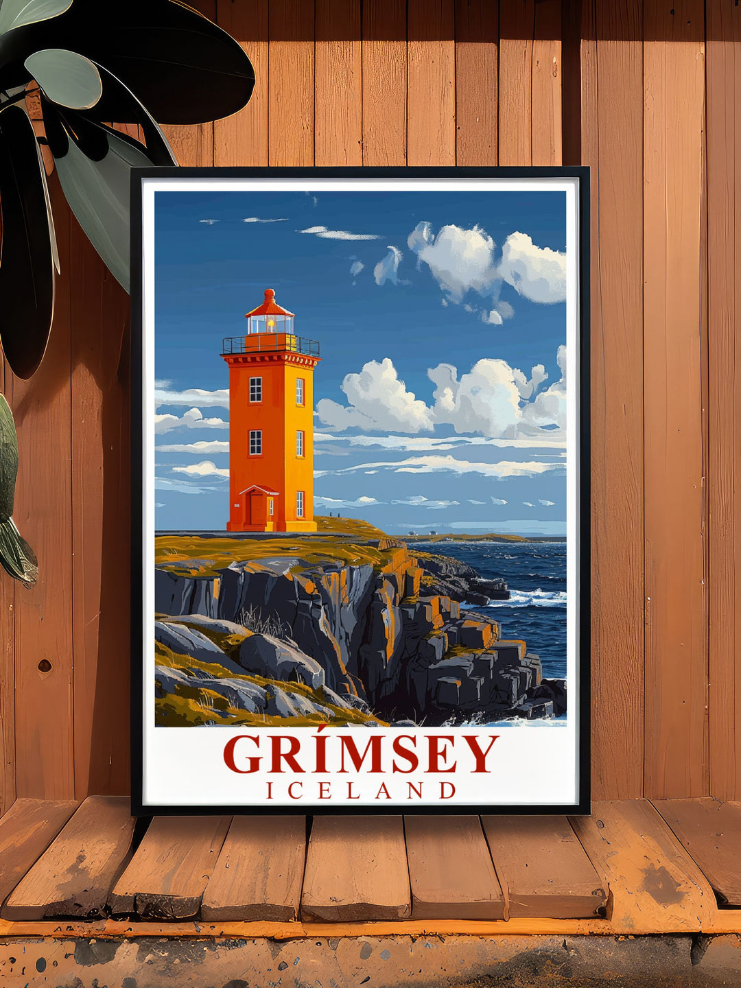 Highlighting the iconic Grímsey Lighthouse, this art print showcases the historic structure against the rugged landscape of North Iceland, ideal for those who appreciate maritime history.
