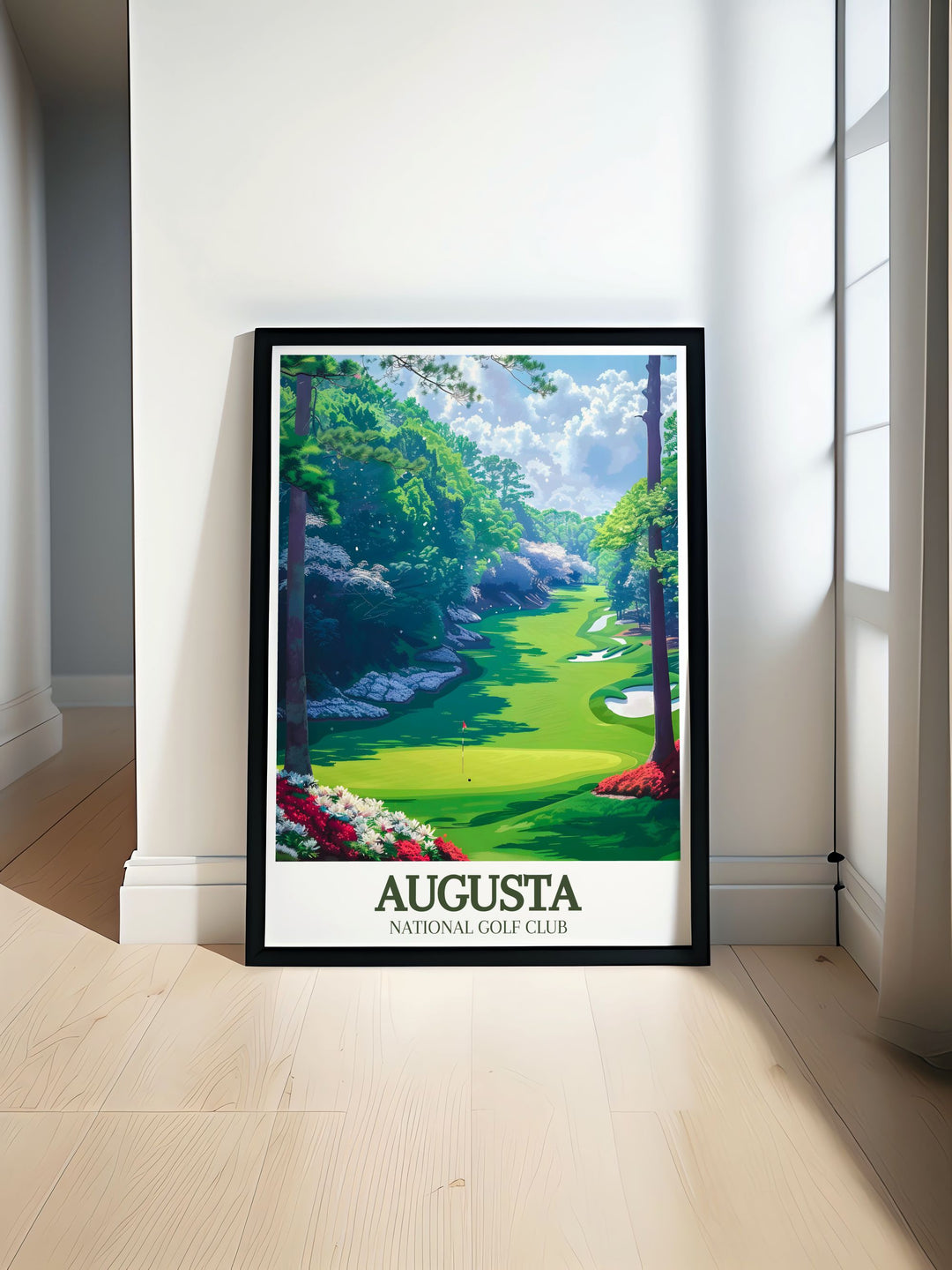 Vintage poster of Augusta National featuring Magnolia Lane Amen Corner perfect for golf enthusiasts and collectors ideal for personalized gifts and golf decor capturing the timeless beauty of this iconic golf course