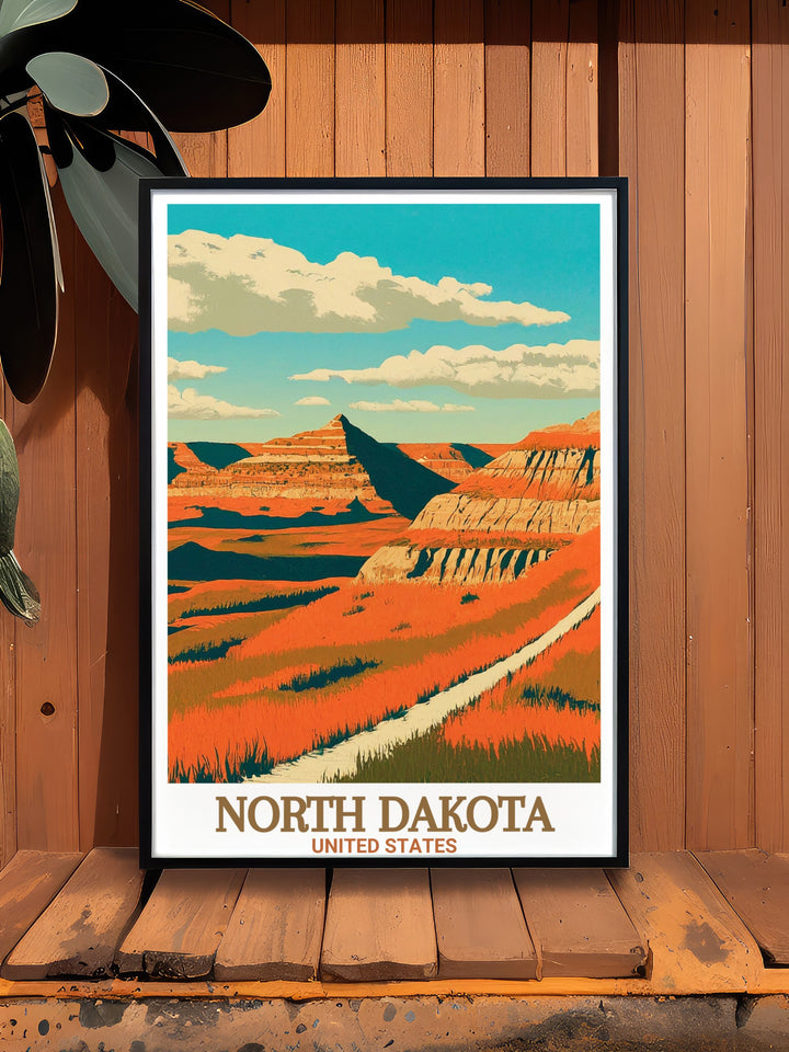 Maah Daah Hey Trail Travel Poster capturing the trails scenic route through the Badlands. This North Dakota artwork is perfect for adventurers and nature lovers. The vibrant colors and intricate details make it a standout piece for any wall.