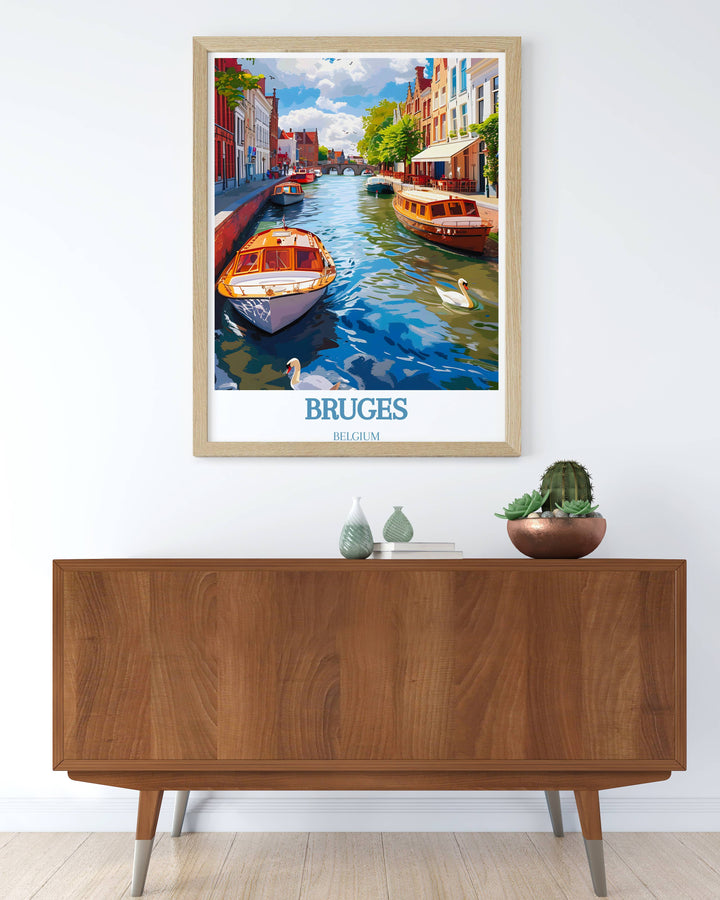Early morning fog gently enveloping the canal of Bruges, creating a mysterious and inviting canvas print
